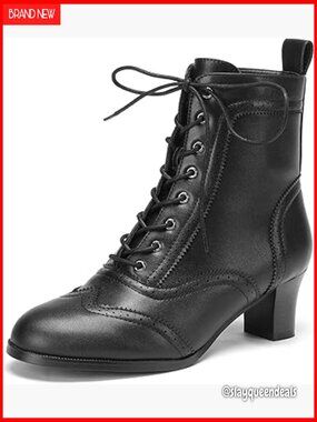 Vintage Victorian Ankle Boots Lace-Up Brogue with Side Zipper